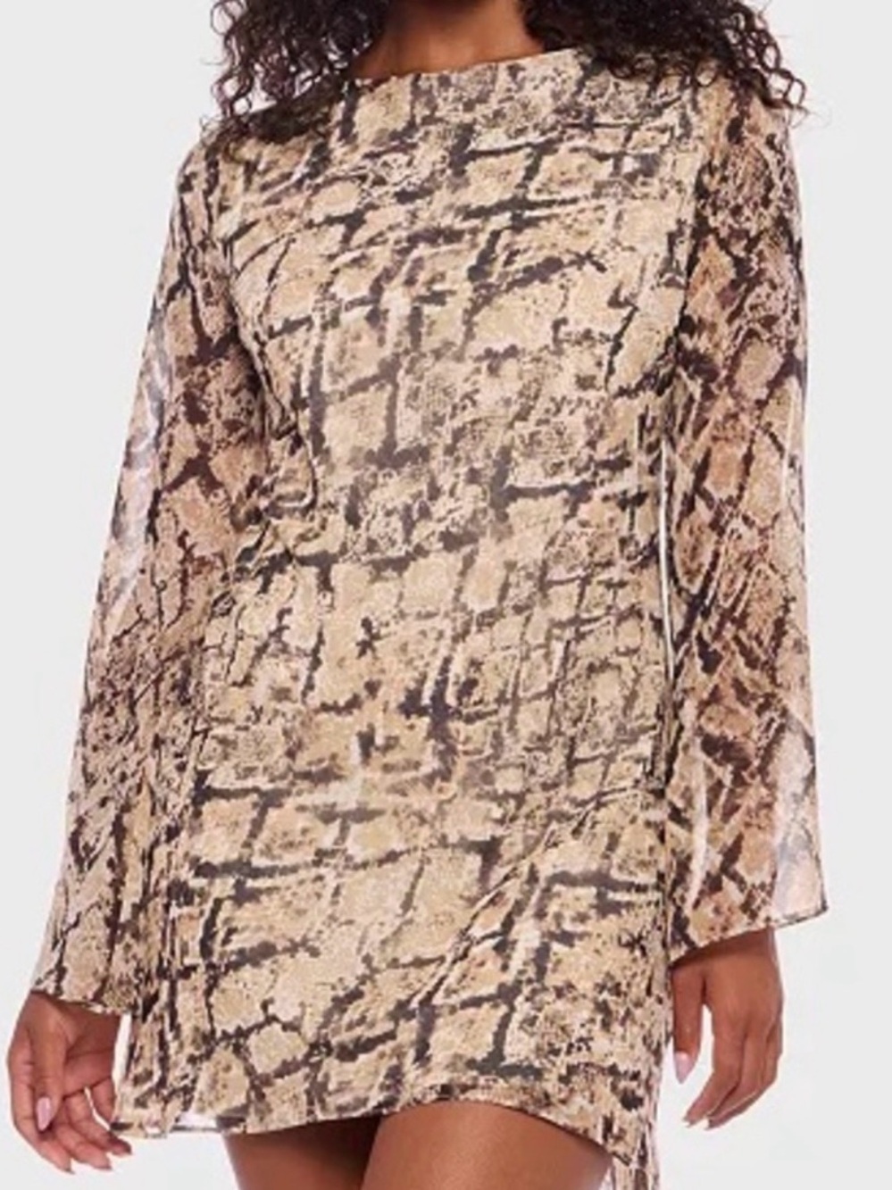 B Darlin Beige and Brown Snake-Print Mini Dress with Long Sleeves